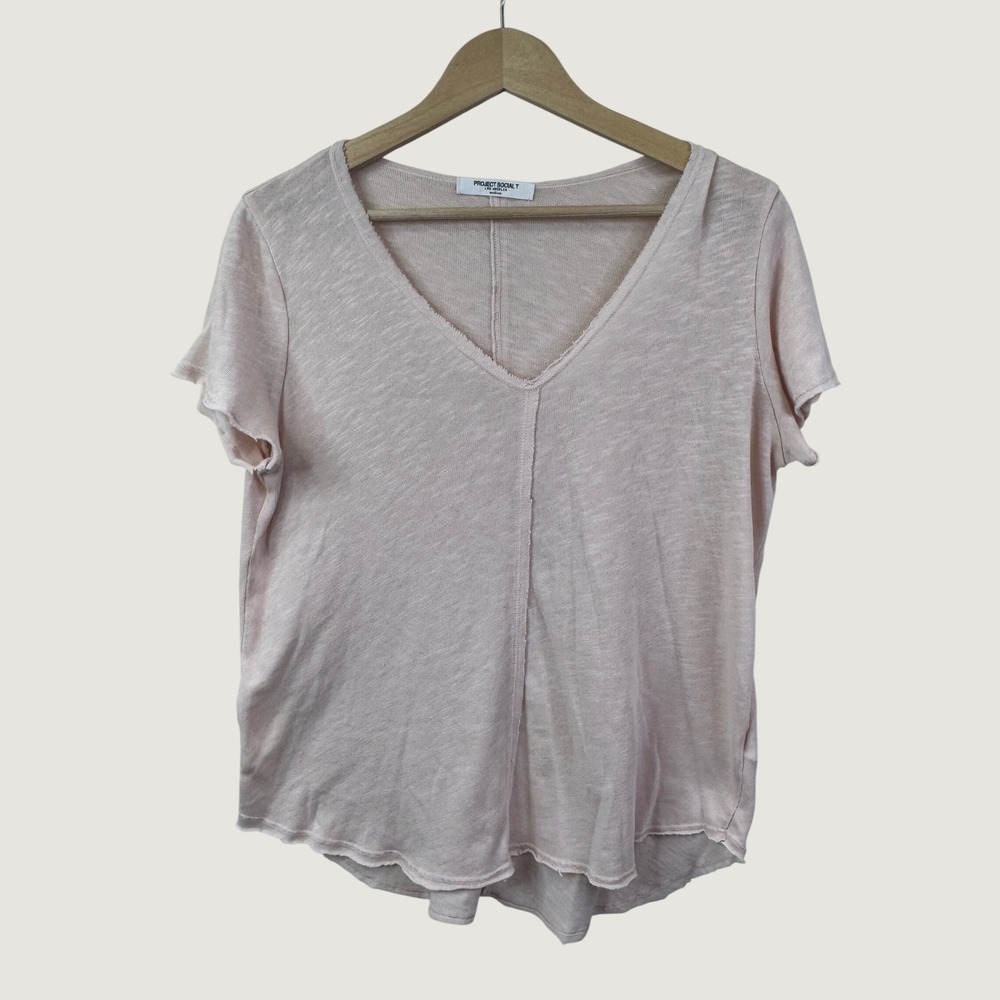 Project Social T V-Neck Tee Medium Pink Raw Hem Boho Minimalist Casual Top